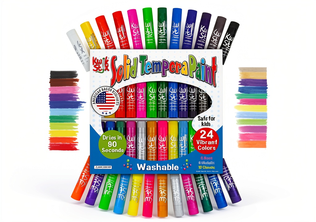 Kwik Stix tempera paint sticks in assorted colors on a craft table