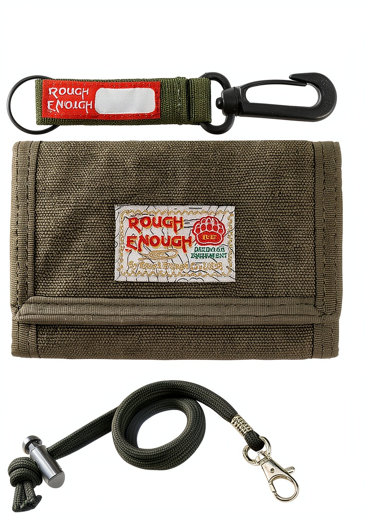 RE Rough Enough Army Green Canvas Boys Wallet with Lanyard displayed open on a wooden desk showing all compartments