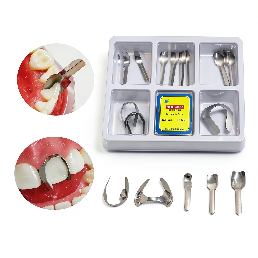 Shanghai Shuodi orthodontic matrix bands displayed on a dental tray