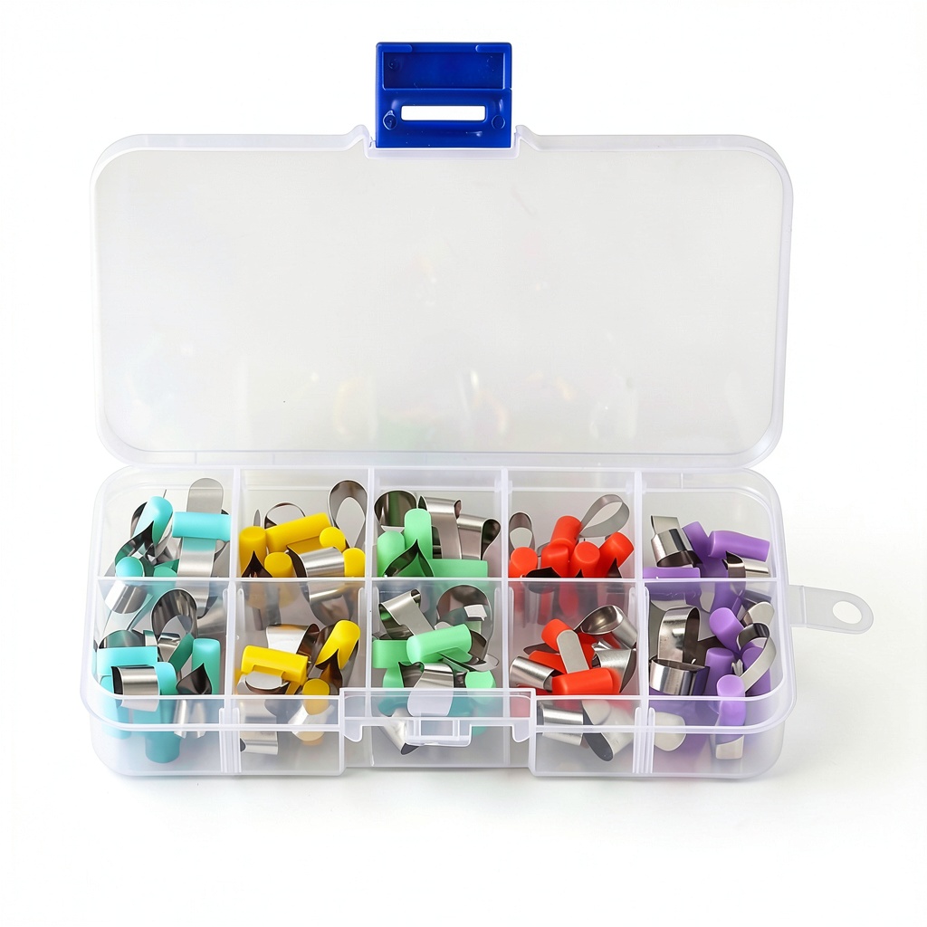 LA MIERE dental matrix bands showing self-locking mechanism and color options